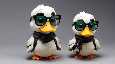 duck with sunglasses and backpack on gray background, closeup photoの素材