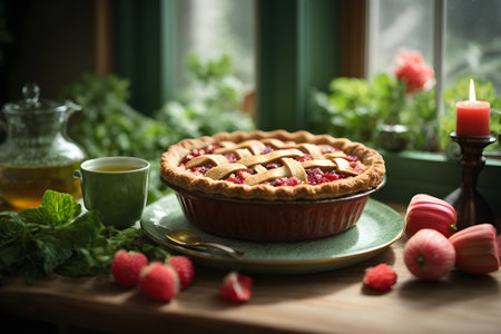 Homemade berry pie with fresh raspberries and mint.の素材