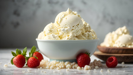 Vanilla ice cream with fresh strawberries and mint leaves in a bowlの素材