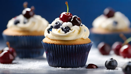 Cupcakes with blueberries and cherries on a blue backgroundの素材