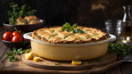 Homemade pie with cheese and herbs on a wooden background. Selective focus.の素材