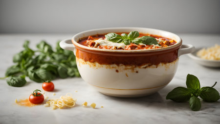 Bowl with tasty lasagna on white marble table, closeupの素材