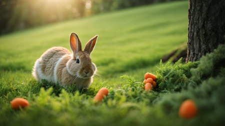 Rabbit and easter eggs on green grass. Easter bunny and easter eggsの素材