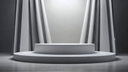 3d rendering of a round podium in a room with white curtainsの素材