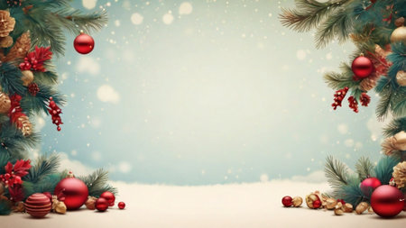 Christmas background with fir tree branches, red baubles, pine cones and snowの素材