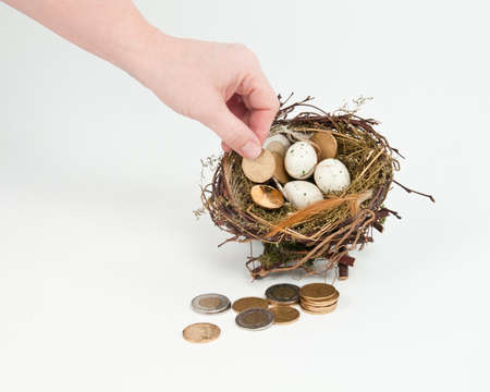 A woman s hand putting canadian money in a nest, isolated on white の写真素材