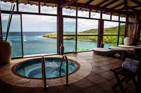 A beautiful spa in St  Lucia, that hangs over the ocean のeditorial素材