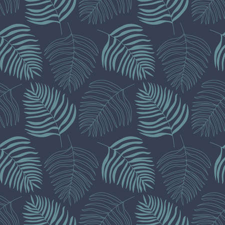 Vector tropical palm leaves outlines and filled in blue. Elegant and sophisticated seamless pattern, perfect for fashion, textiles, wallpaper, product packaging.のイラスト素材