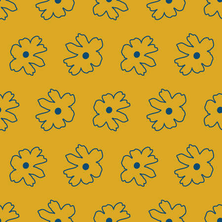 Minimalistic line art Blue flowers on mustard yellow background seamless pattern background. Perfect for fashion and textiles projects, product packaging, wallpaper, stationary, phone cases, tablets cases. Vector illustrationのイラスト素材