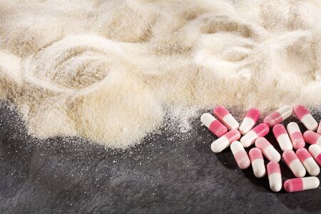 Collagen powder, Proline and MSM (Sulfur) capsules. Supplements to support collagen production.の写真素材