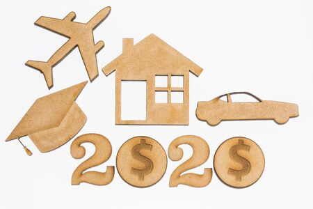 Goals and achievements - education, car, housing and travel. White background