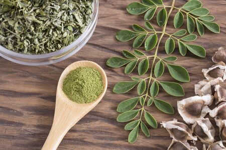 Seeds, leaves and seeds of moringa - Moringa oleiferaの写真素材