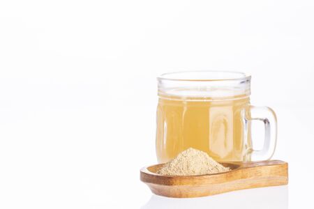 Maca root health drink in a glass with powdered - Lepidium meyenii.の写真素材