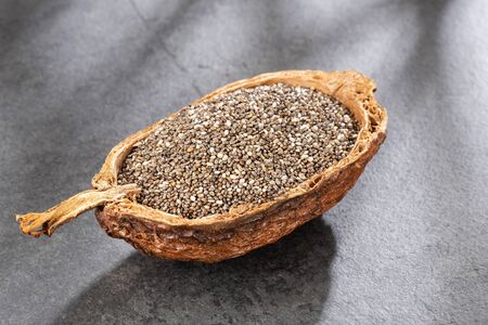 Salvia hispanica - Organic chia seeds. Text spaceの写真素材