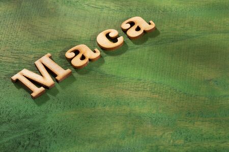 Word maca in wooden letters - Lepidium meyeniiの写真素材