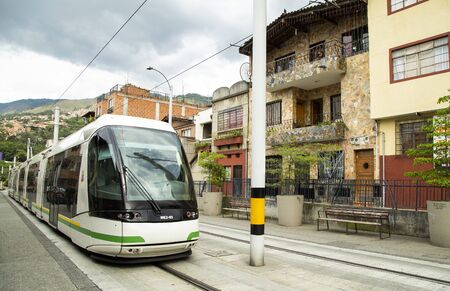 Medellin, Antioquia / Colombia - December 03, 2019. The MedellÃ­n tramway is a means of rail transportation, urban electric passenger and operates in the city of MedellÃ­n.のeditorial素材