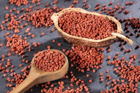 Raw Red Organic Annatto Seeds - Bixa orellanaの写真素材