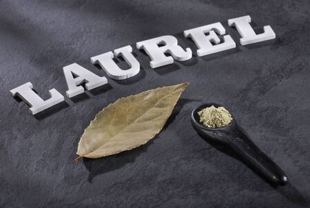 Bay leaf and crushed bay leaves - Laurus nobilisの写真素材
