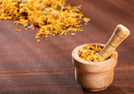 Dried calendula flowers - Calendula officinalis. Text spaceの写真素材