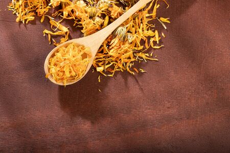 Dried calendula flowers - Calendula officinalis. Text spaceの写真素材