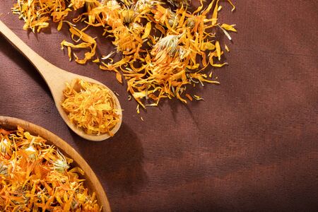 Dried calendula flowers - Calendula officinalis. Text spaceの写真素材