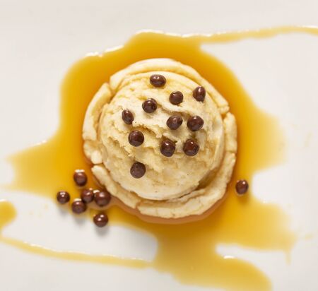 Chocolate chips vanilla ice cream on white backgroundの写真素材