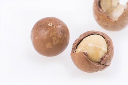 Shelled and unshelled macadamia nuts on white backgroundの写真素材