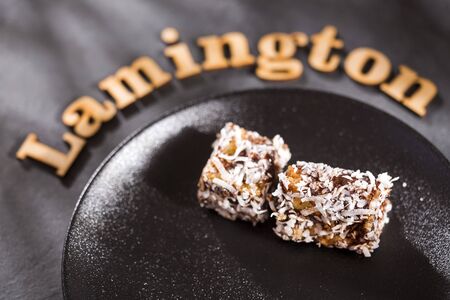Australian lamington cakes with chocolate and coconut.