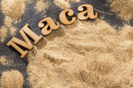 Maca phrase in wooden letters - Lepidium meyenii.の写真素材