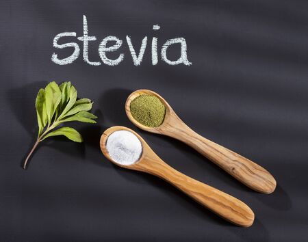 Stevia plant leaves and powder - Stevia rebaudiana