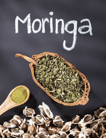 Moringa powder, seeds and dried leaves - Moringa oleiferaの写真素材