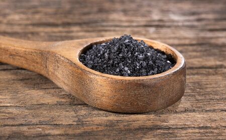 Hawaii black salt on wooden spoonの写真素材