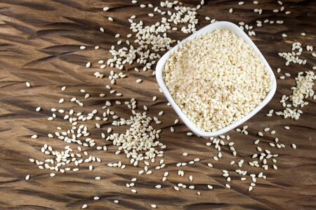 Organic White Sesame Seeds - Sesamum indicum. Text spaceの写真素材