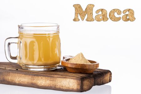 Lepidium meyenii - Maca root health drink in a glass with powdered