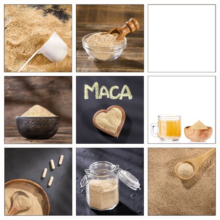 Creative collage of maca powder images - Lepidium meyenii