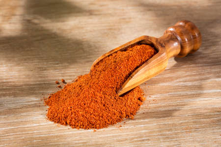 Organic paprika powder in wooden spoon - Text space