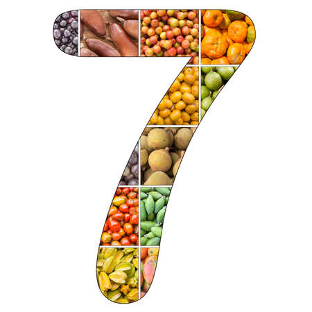 No. 7 (seven) with fruit background - White backgroundの写真素材