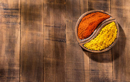 Organic curry and paprika spices - Text space