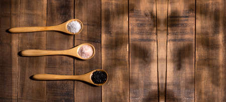 Variety of different sea salts, Hawaiian black and pink from the Himalayasの写真素材