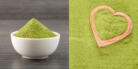 Organic green powder in the bowl - Text spaceの写真素材