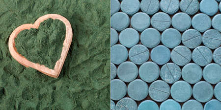 Spirulina powder healthy dietary supplement - Text spaceの写真素材