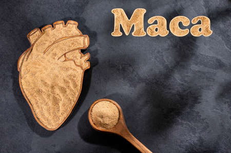 Lepidium meyenii - Maca root powder in heart shaped bowlの写真素材