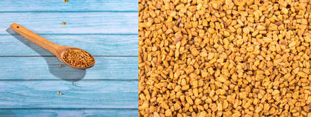 Organic fenugreek seeds in wooden spoon - Text spaceの写真素材