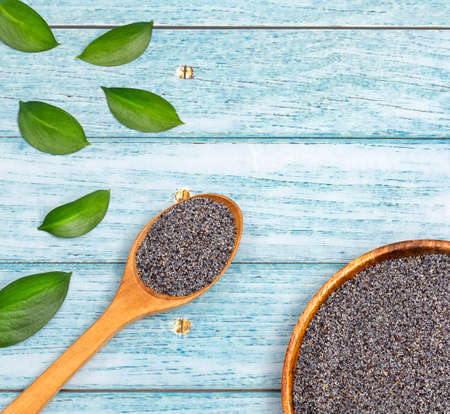 Organic poppy seeds in the bowl - Papaver somniferumの写真素材