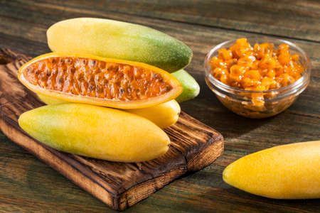 Exotic tropical organic curuba - Passiflora tripartitaの写真素材