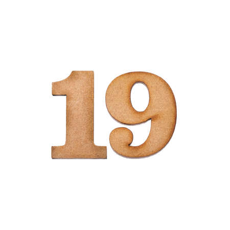 Number 19 in wood, isolated on white background