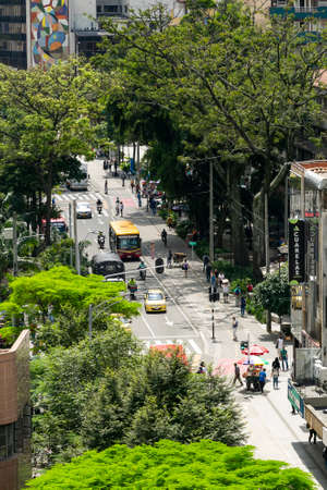 Medellin, Antioquia. Colombia - October 06, 2021. La Playa avenue is the result of successive interventions on the Santa Elena stream, since the beginning of the town of MedellÃ­n in 1675のeditorial素材