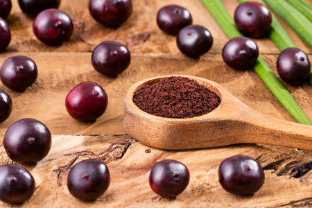 Euterpe oleracea - Acai berry powder in spoonの写真素材