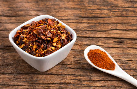 Crushed red chillies and paprika powder. dried red pepper