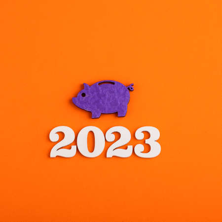 Saving and investment - Concept with piggy bank, coins and year 2023